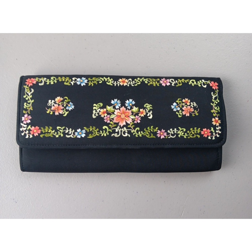 VTG Black Floral Embroidered Evening Purse Clutch Bavarian BOHO Prairie Romantic - Picture 2 of 9
